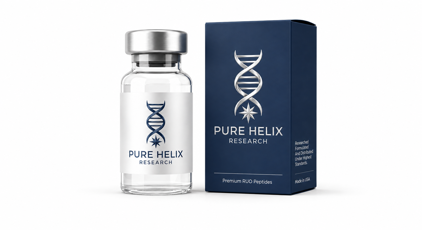Pure Helix Research product bottle and branded navy box on a light background