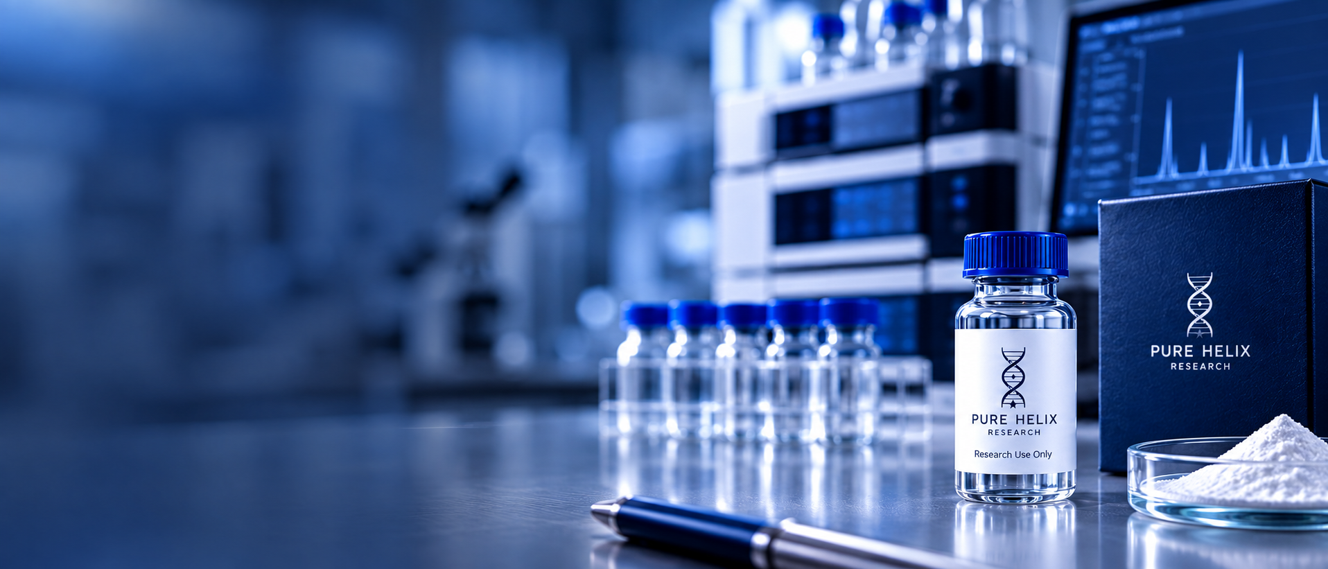 Pure Helix Research laboratory product vial and packaging in a blue-toned laboratory setting